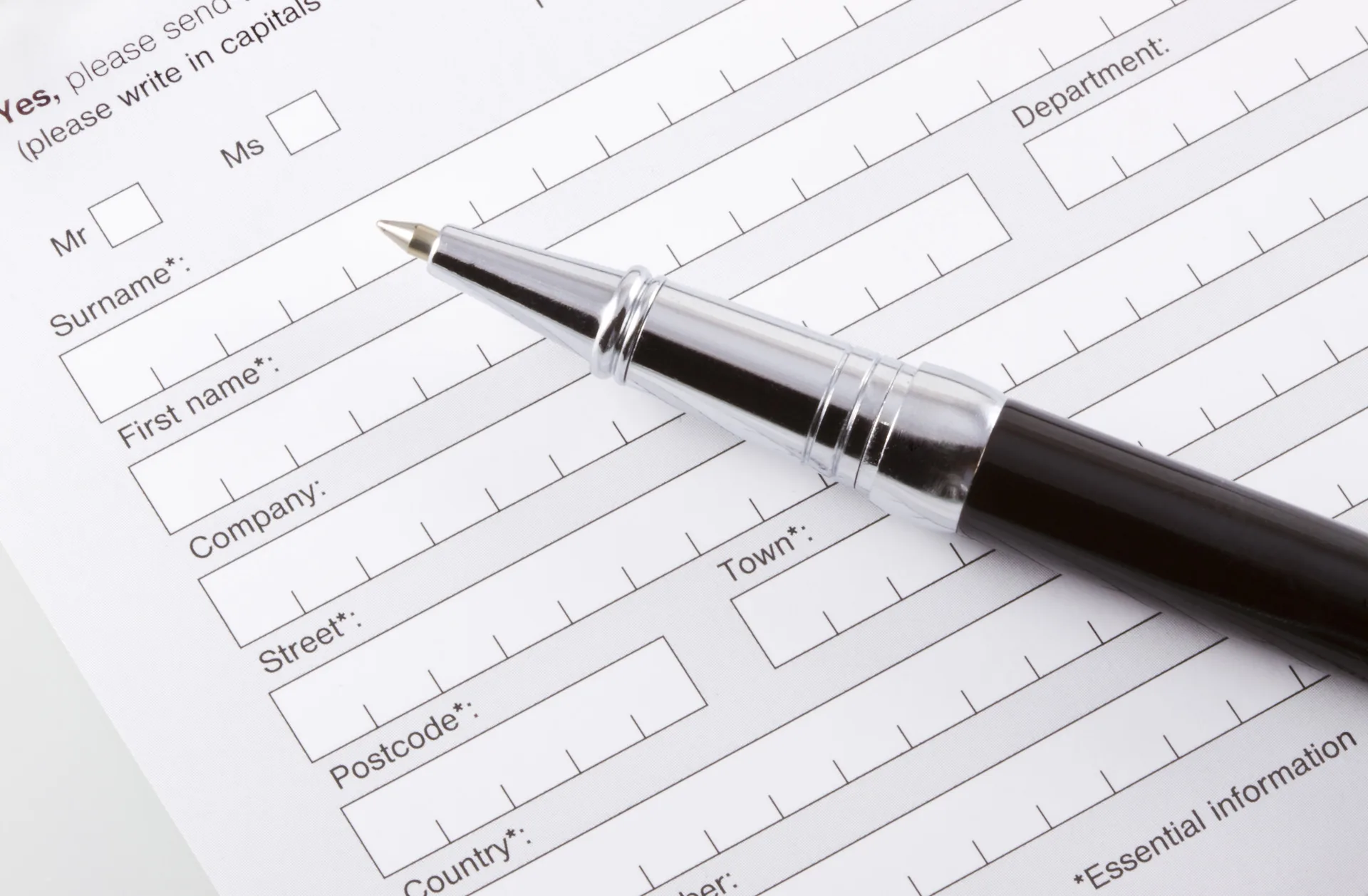 Personal information form being filled out, business forms detail