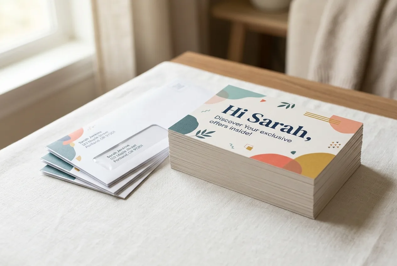 Stack of variable-data printed direct-mail postcards with personalized greeting alongside addressed window envelopes