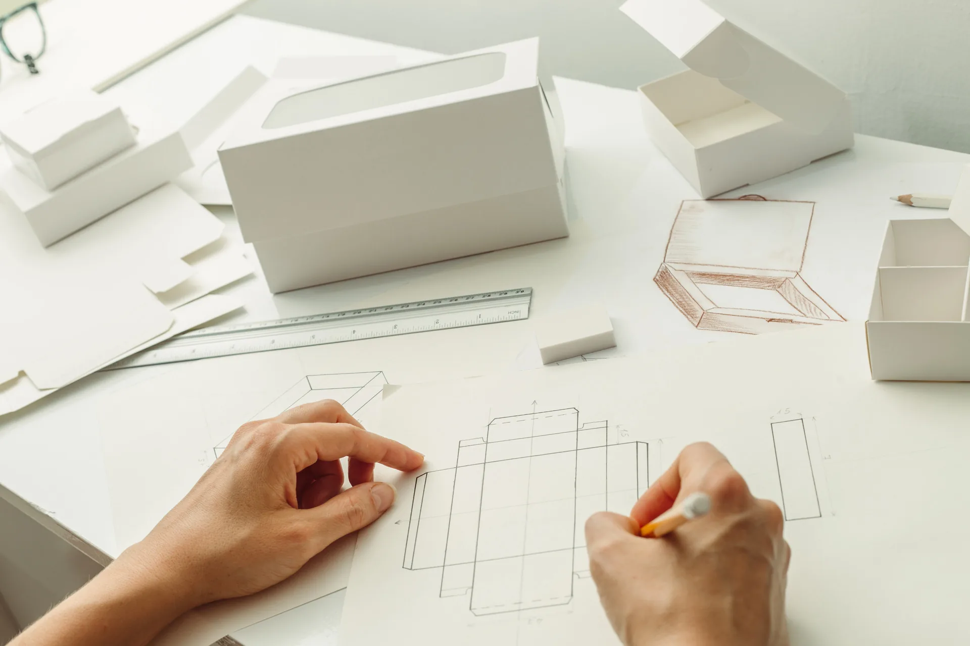Designer sketching package designs on paper