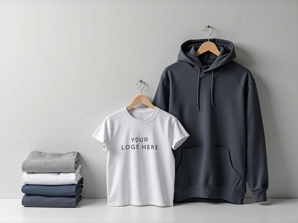 Folded blank t-shirts with hoodie showing YOUR LOGO HERE on chest
