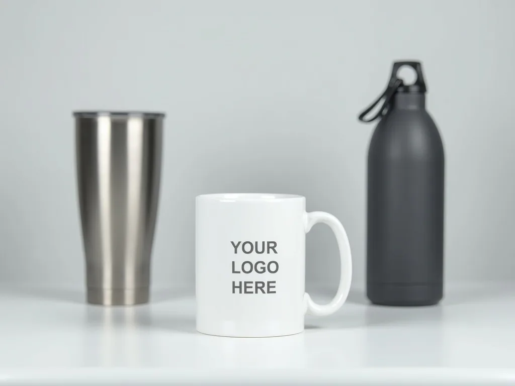 Stainless tumbler, ceramic mug, and sport bottle with YOUR LOGO HERE on the mug
