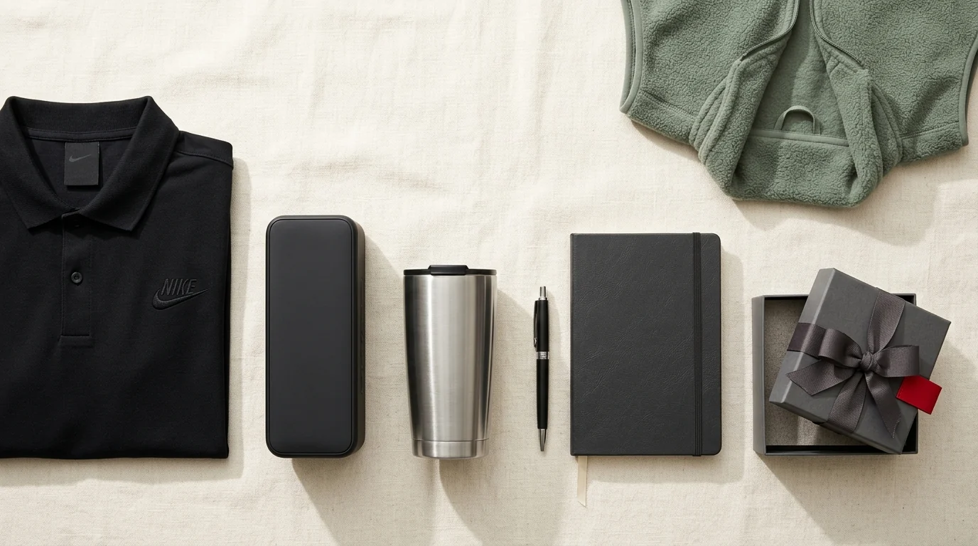 Premium retail-brand promotional merchandise - branded polo, tumbler, speaker, pen, and gift box